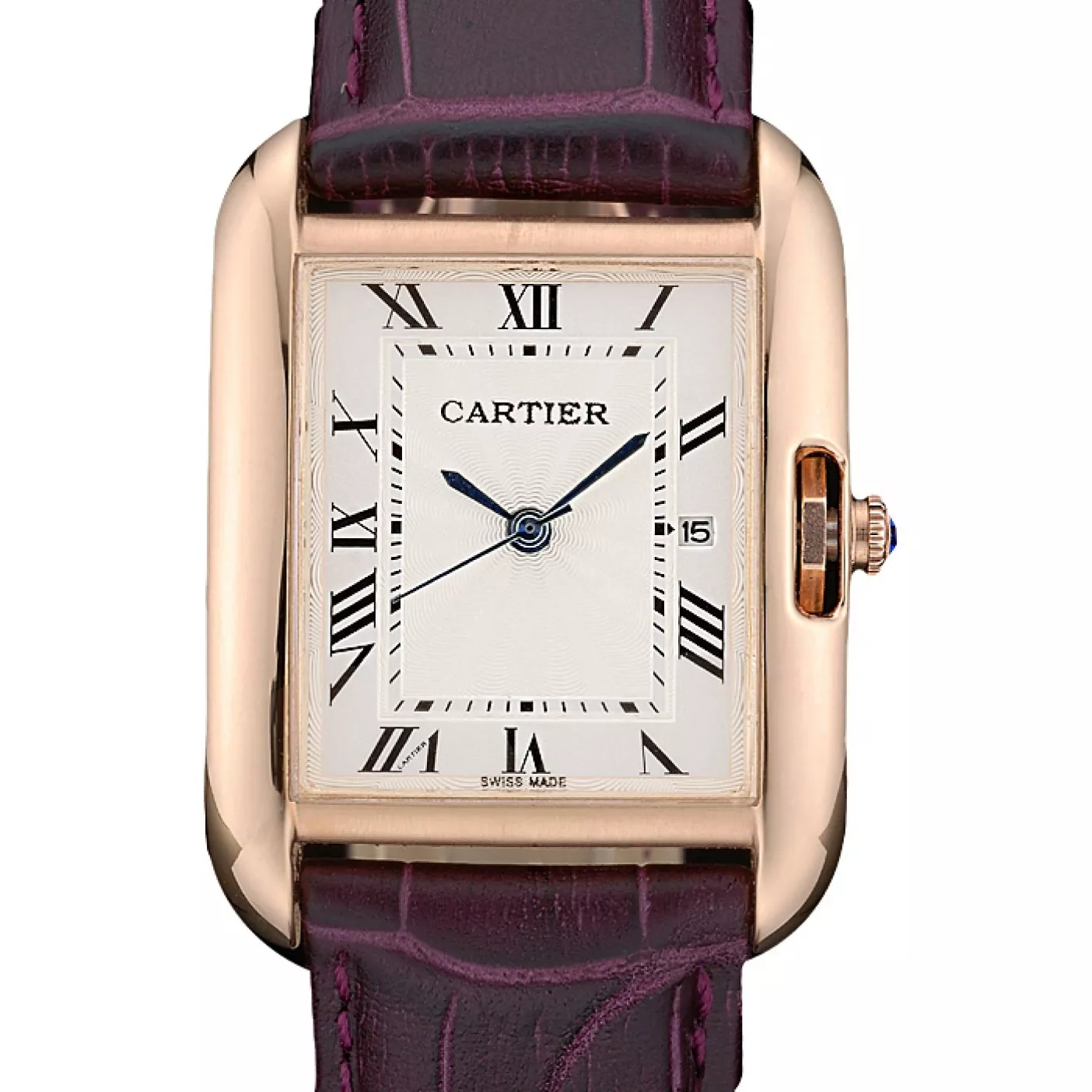 Cartier Tank Anglaise 30mm White Dial Gold Case Purple Leather Bracelet 0123