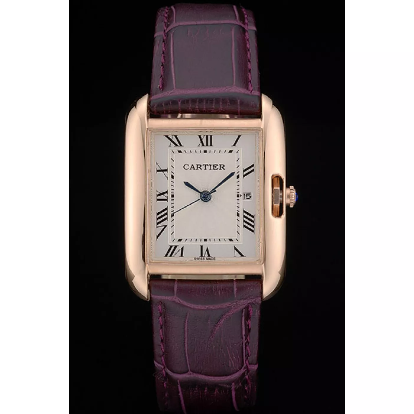 Aaa replica watch Cartier Tank Anglaise 30mm White Dial Gold Case Purple Leather Bracelet 0123