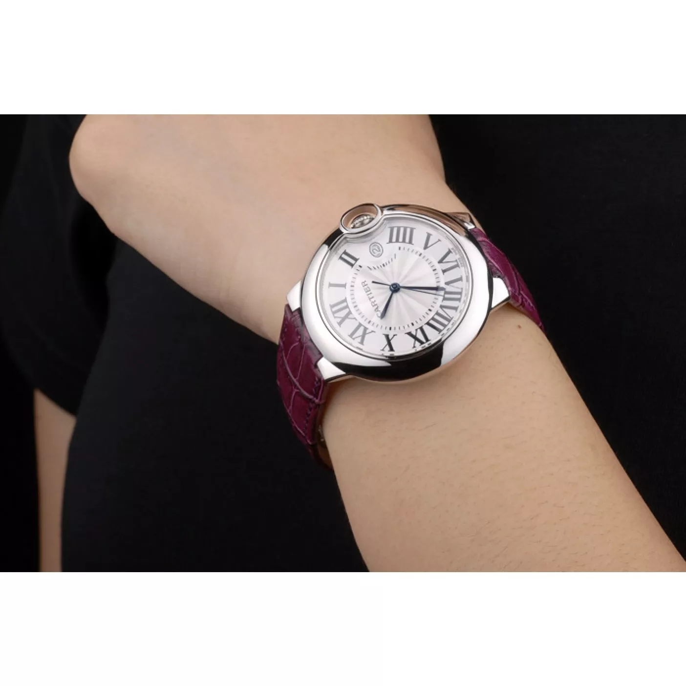 Aaa replica watch Cartier Ballon Bleu 38mm White Dial Stainless Steel Case Purple Leather Bracelet 0128