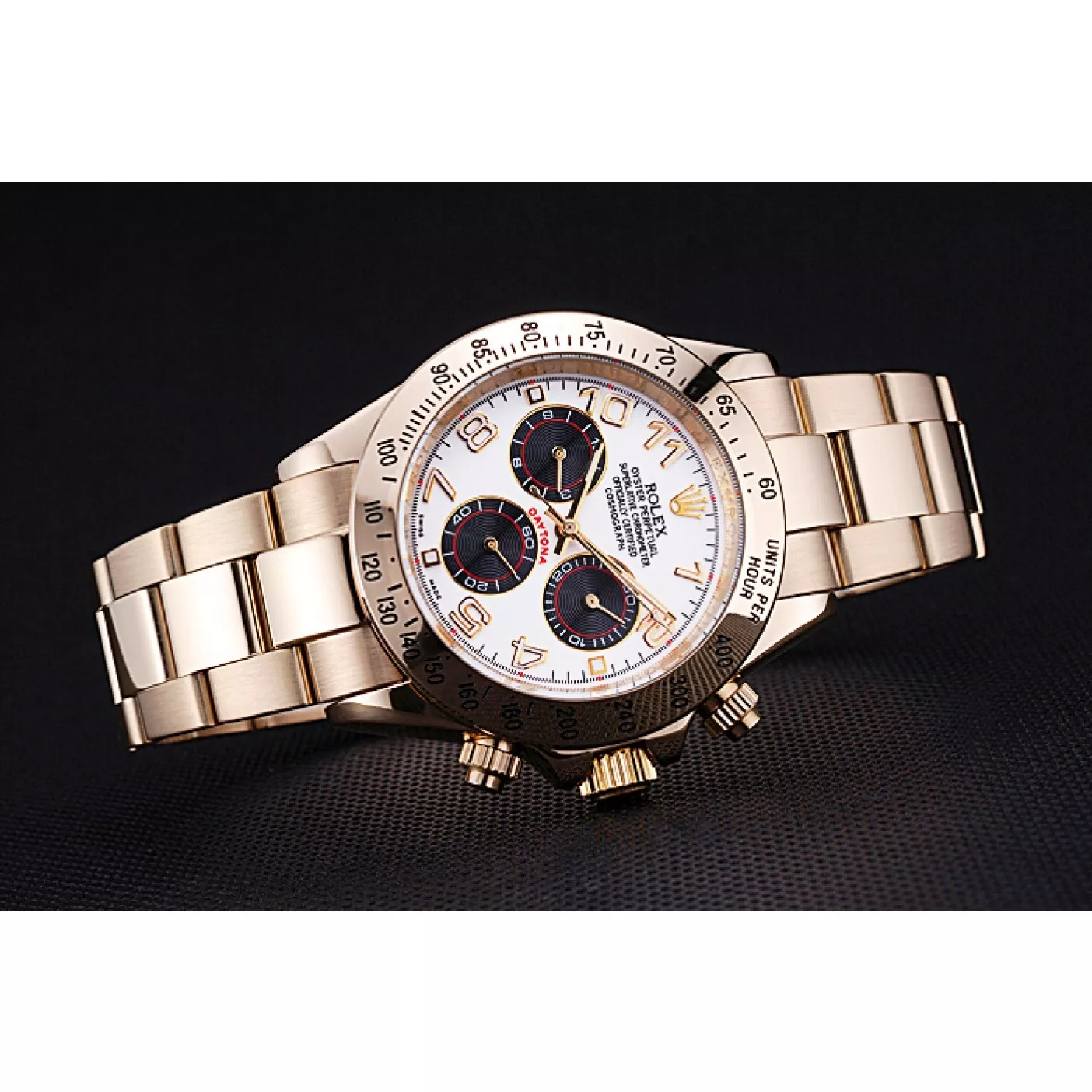 Aaa replica watch Rolex Cosmograph Daytona White with Black Subdials Gold Bracelet 622548 0130