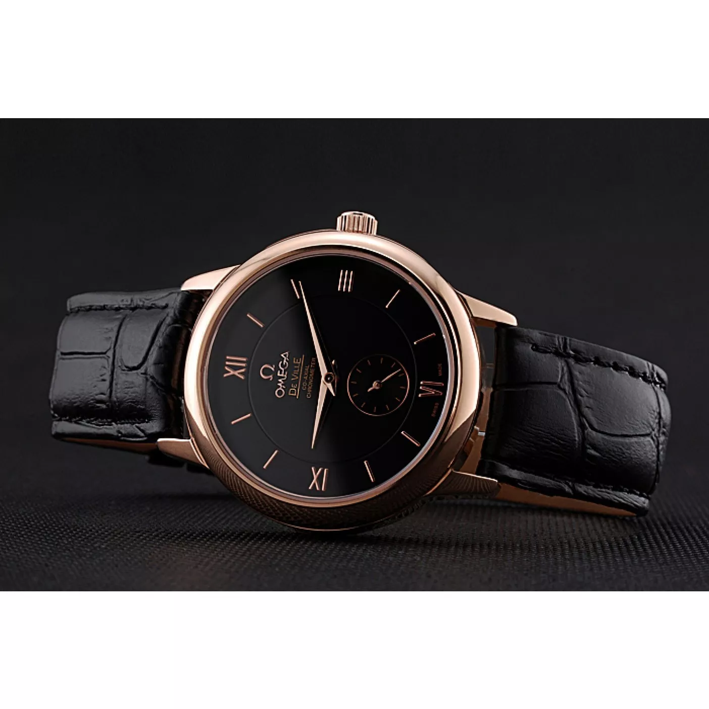 Aaa replica watch Omega DeVille Prestige Small Seconds Black Dial Gold Case Black Leather Bracelet 622602 0129