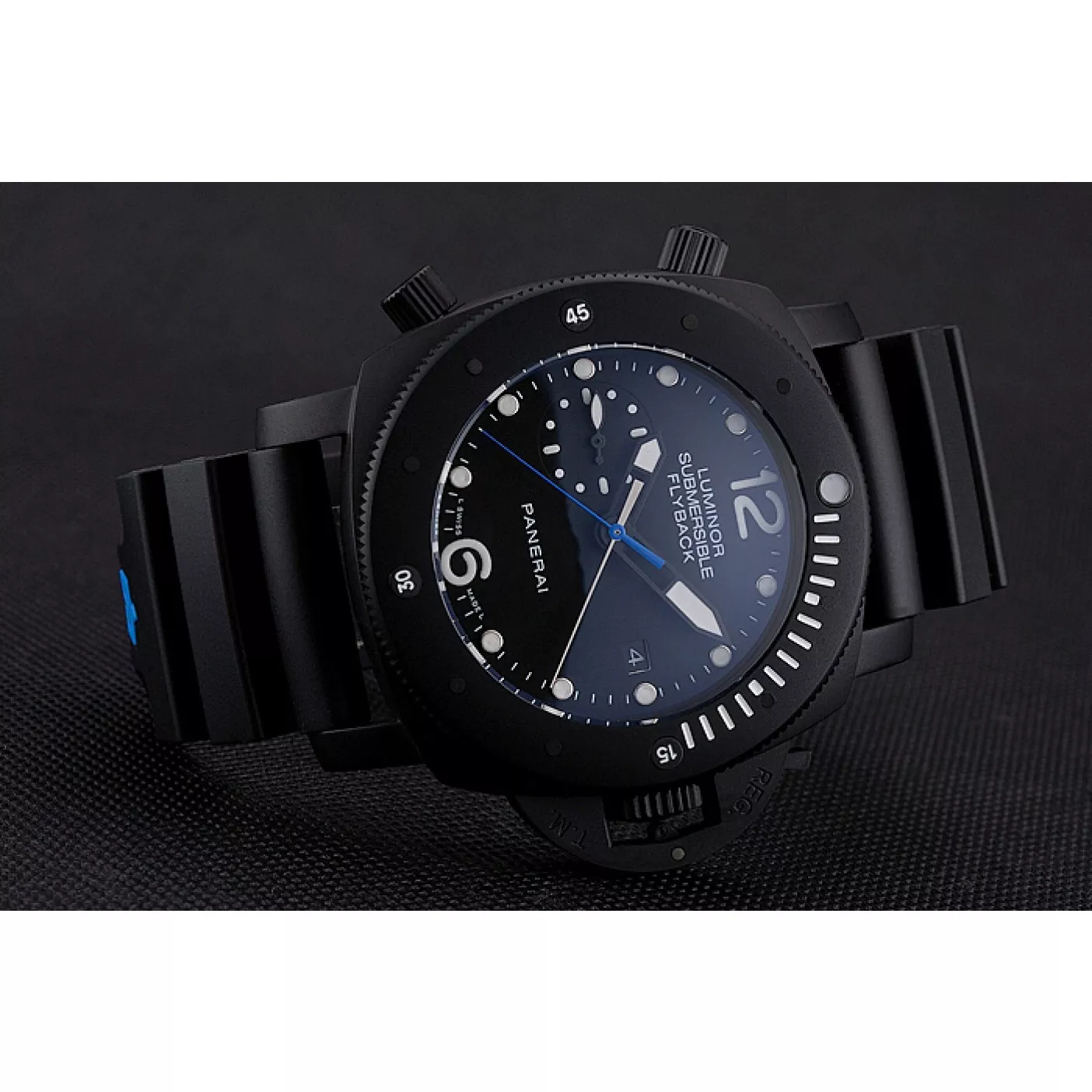 Aaa replica watch Panerai Luminor Submersible Flyback Date Black Dial Black Ionized Case Black Rubber Strap 0123