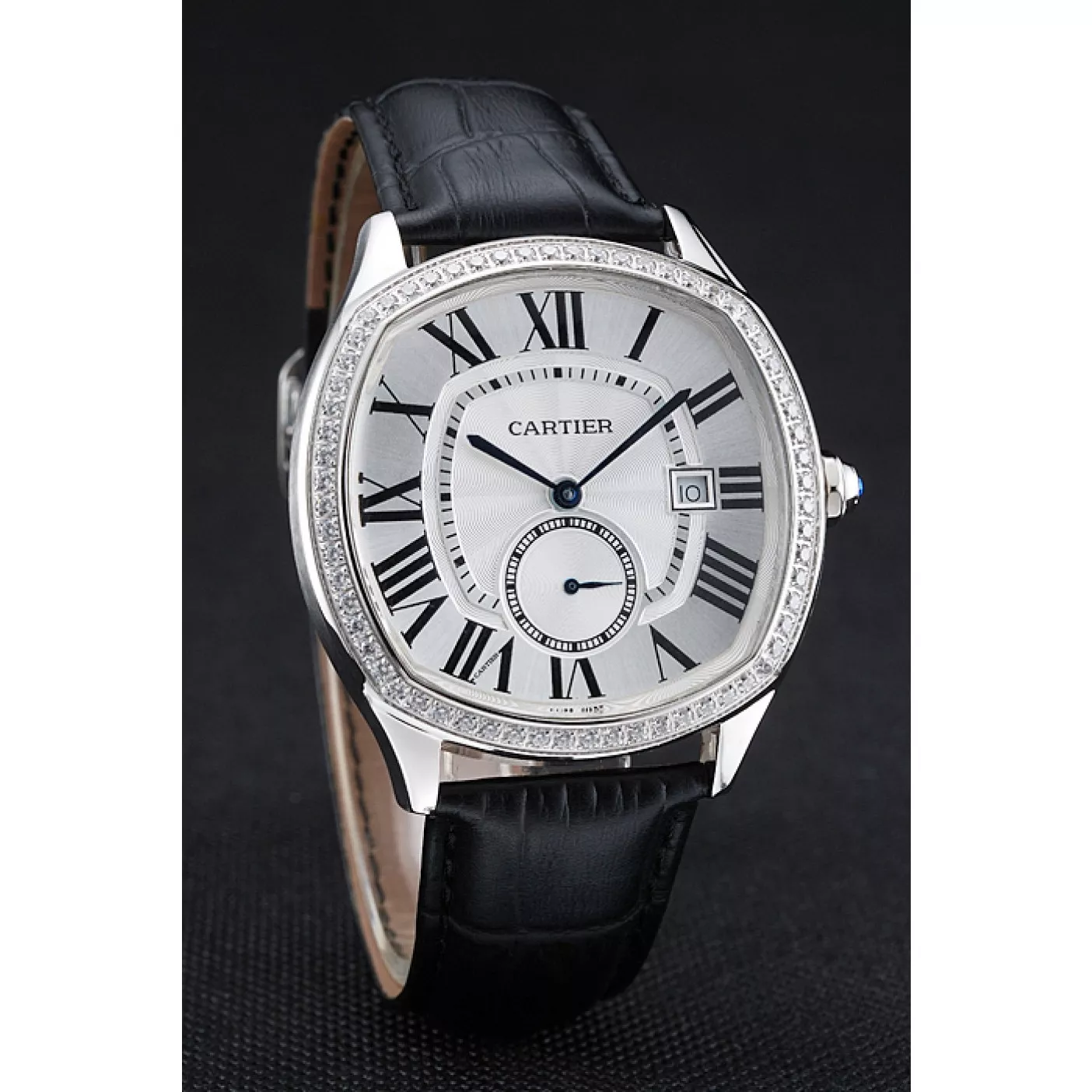 Aaa replica watch Cartier Drive De Cartier White Dial Silver Diamond Case Black Leather Bracelet 1454215 0123