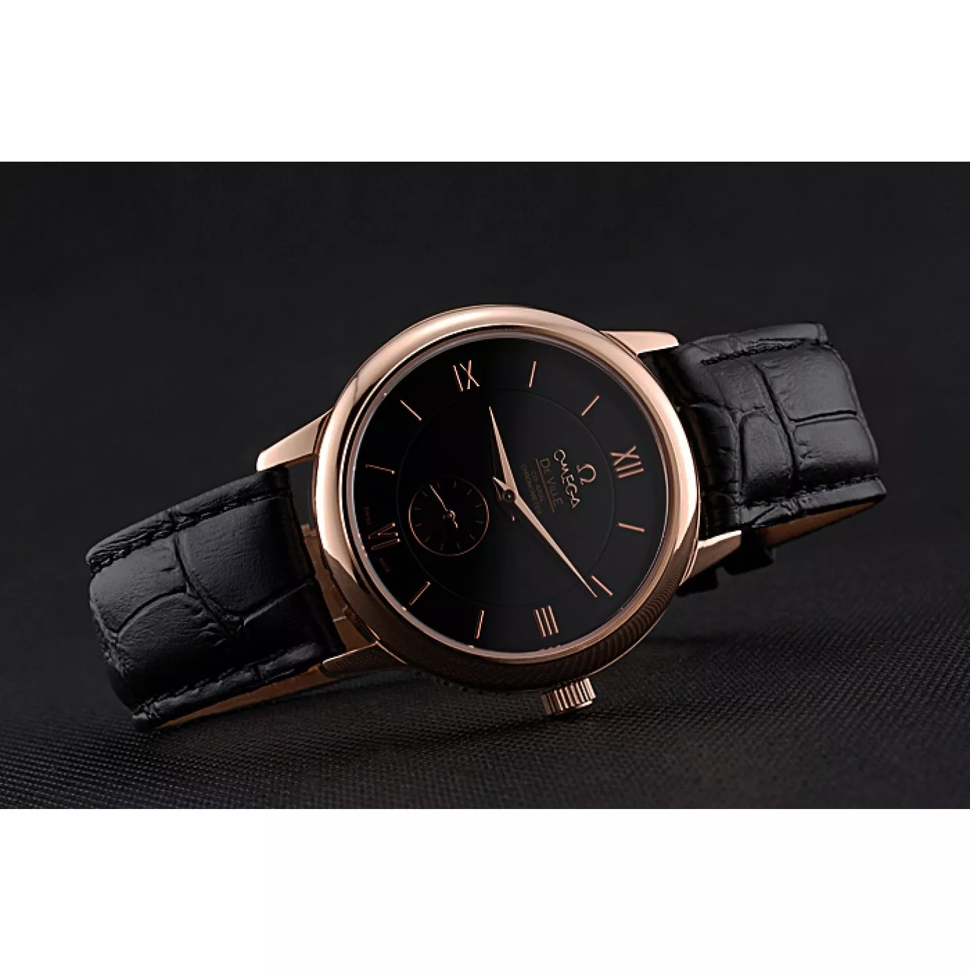 Aaa replica watch Omega DeVille Prestige Small Seconds Black Dial Gold Case Black Leather Bracelet 622602 0129