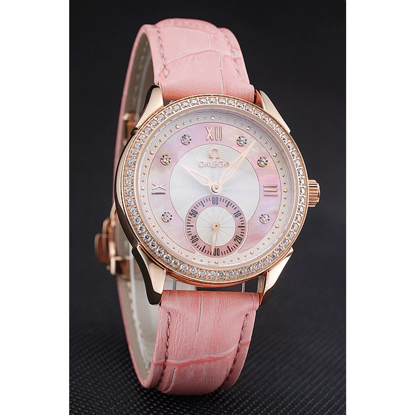 Aaa replica watch Omega DeVille Prestige Pink Dial Gold Diamond Case Pink Leather Bracelet 1454126 0129