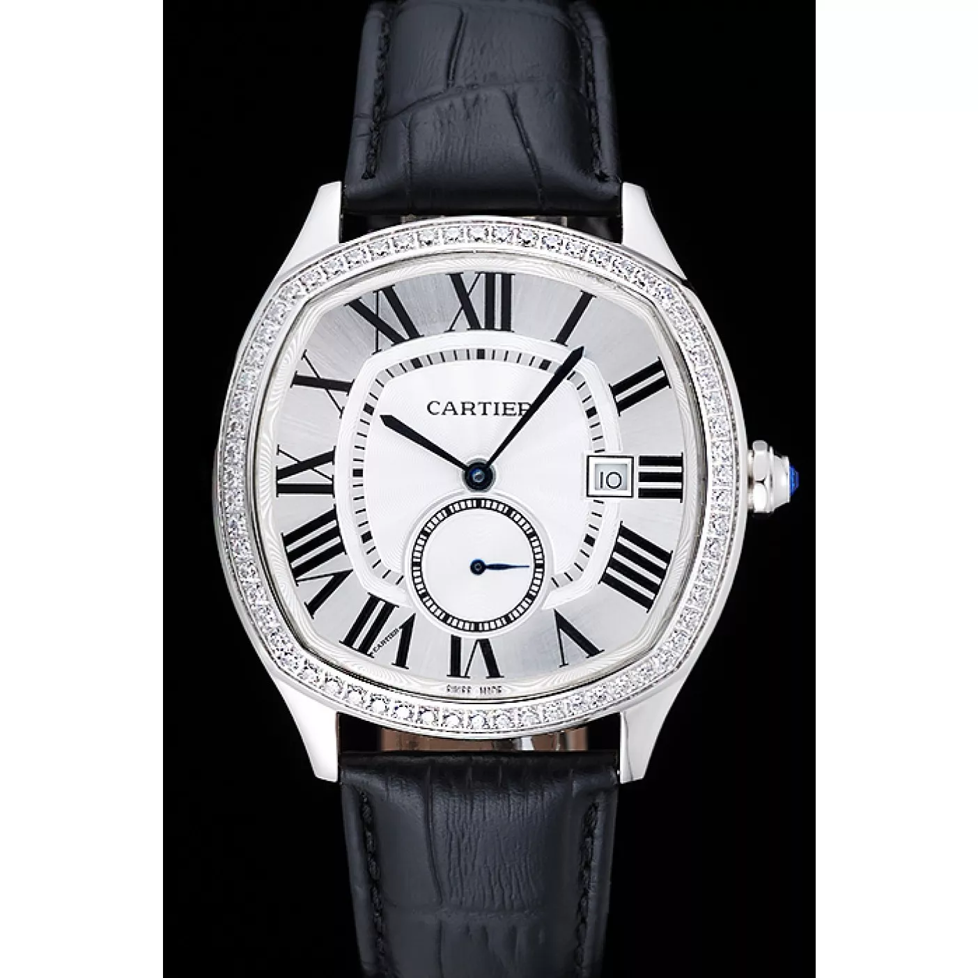 Aaa replica watch Cartier Drive De Cartier White Dial Silver Diamond Case Black Leather Bracelet 1454215 0123