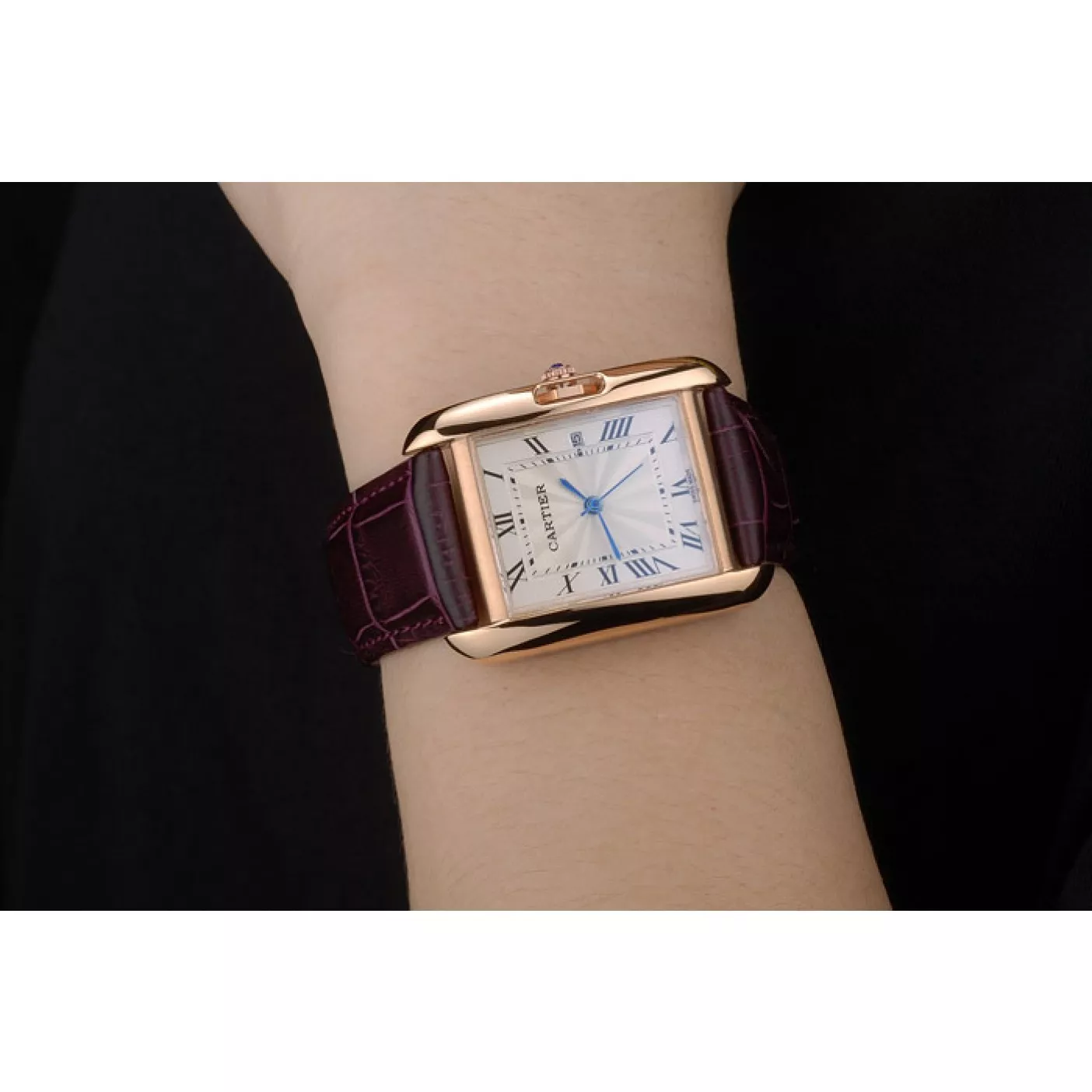 Aaa replica watch Cartier Tank Anglaise 30mm White Dial Gold Case Purple Leather Bracelet 0123