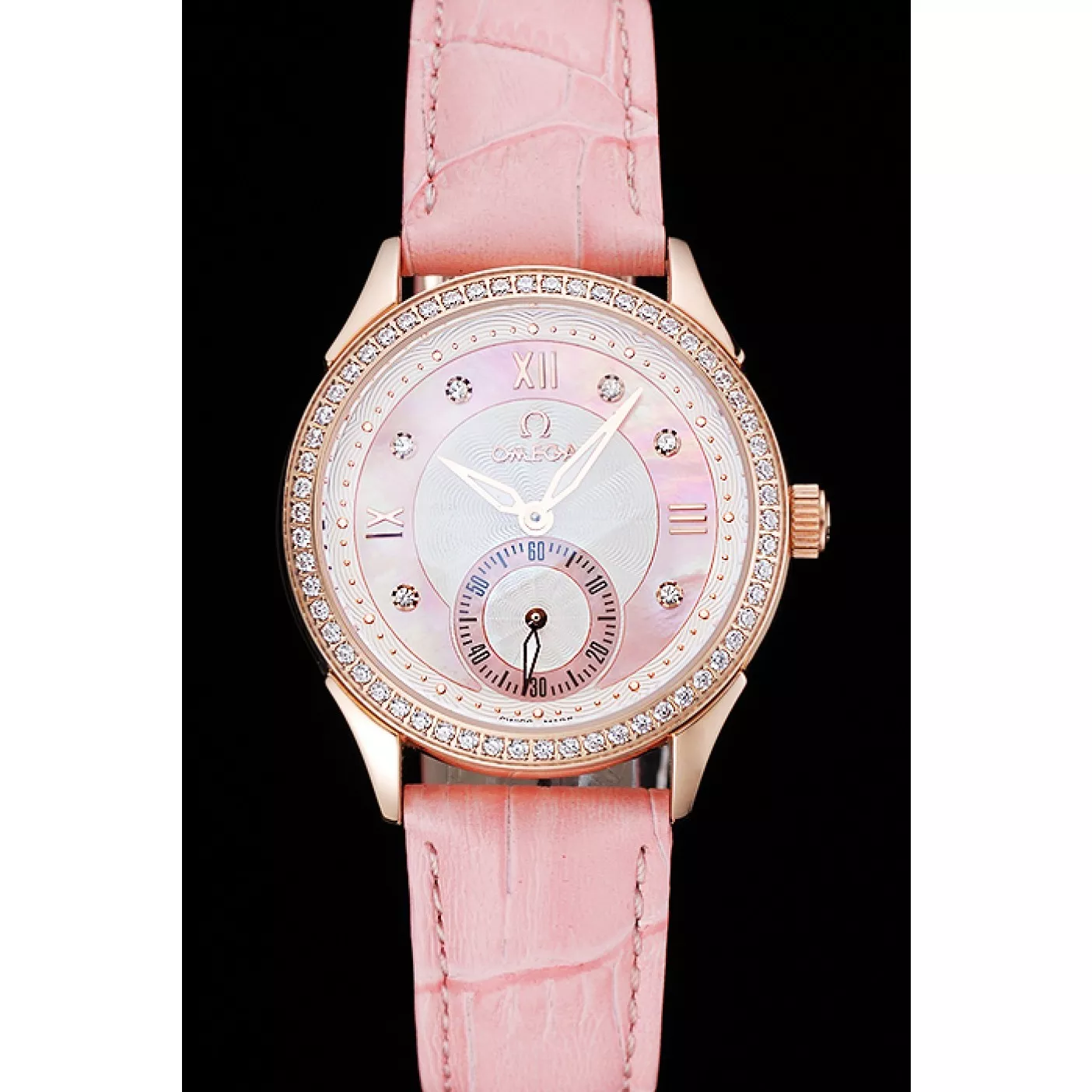 Aaa replica watch Omega DeVille Prestige Pink Dial Gold Diamond Case Pink Leather Bracelet 1454126 0129