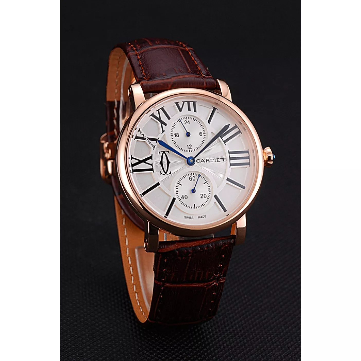 Aaa replica watch Cartier Ronde Second Time Zone White Dial Gold Case Brown Leather Strap 622801 0123