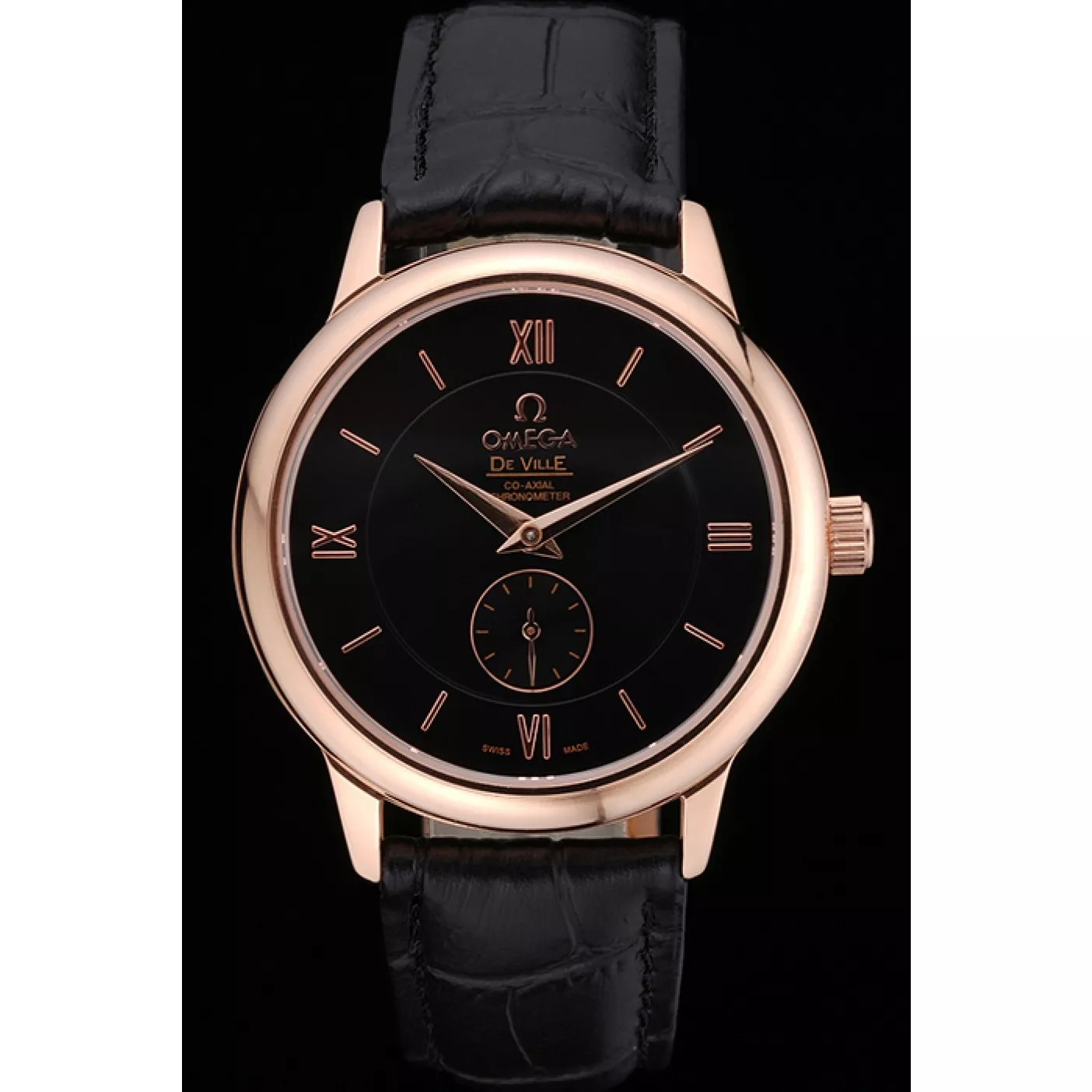 Aaa replica watch Omega DeVille Prestige Small Seconds Black Dial Gold Case Black Leather Bracelet 622602 0129