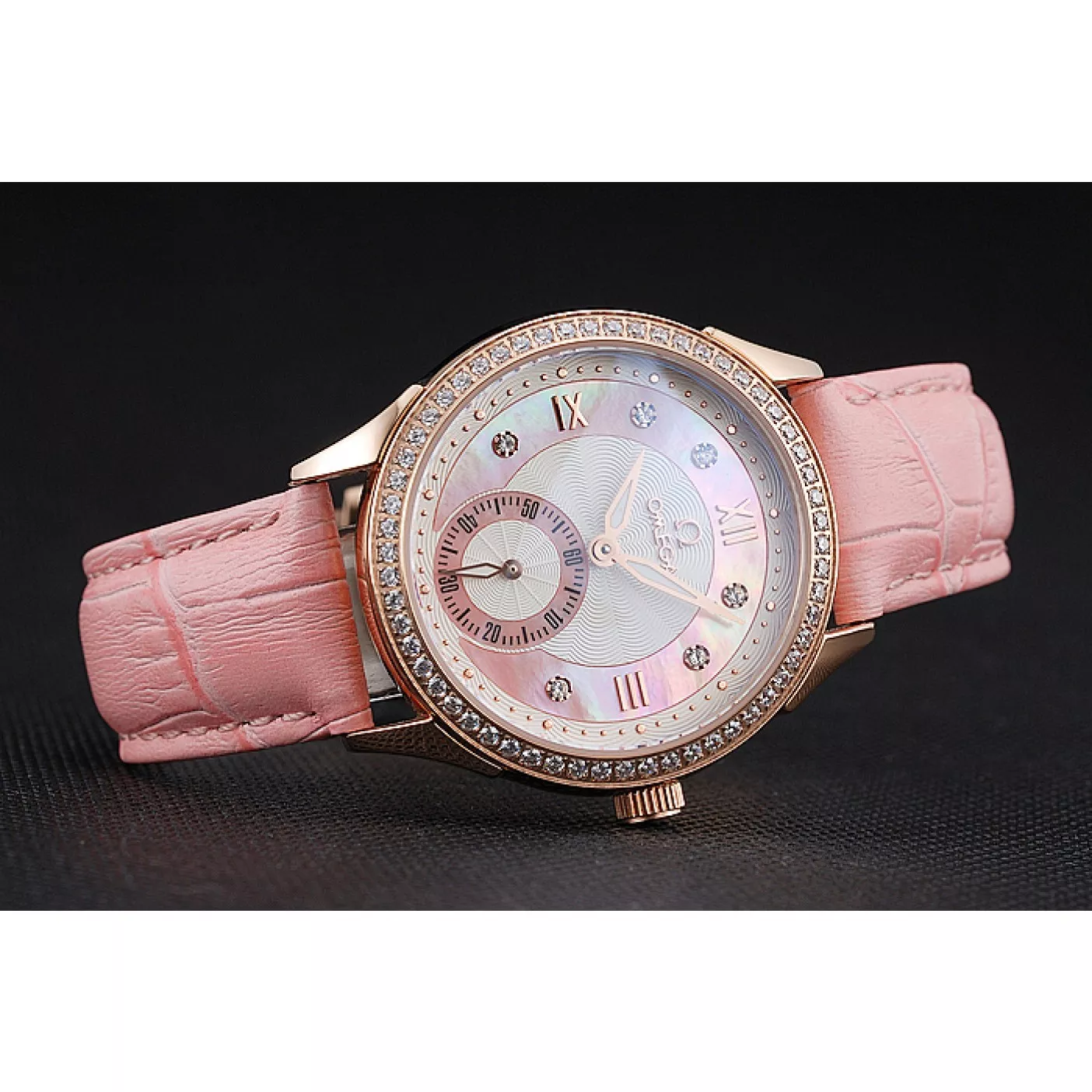 Aaa replica watch Omega DeVille Prestige Pink Dial Gold Diamond Case Pink Leather Bracelet 1454126 0129