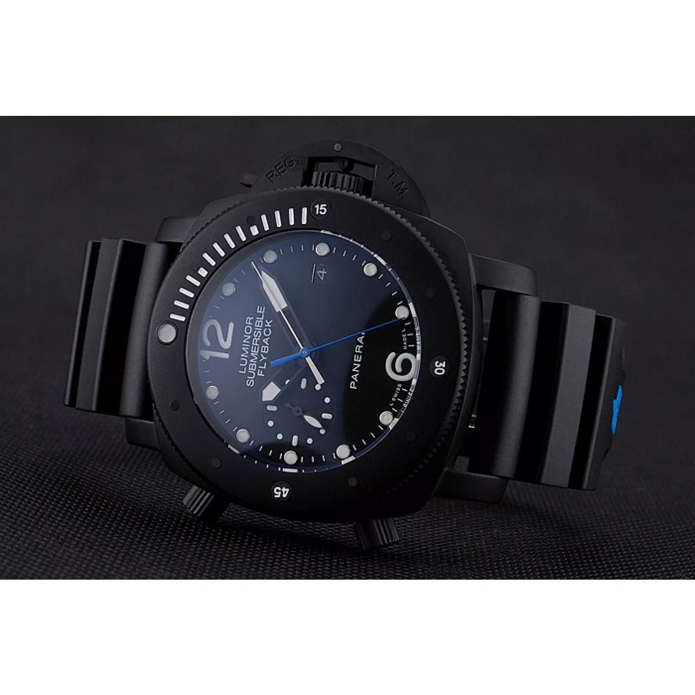 Aaa replica watch Panerai Luminor Submersible Flyback Date Black Dial Black Ionized Case Black Rubber Strap 0123