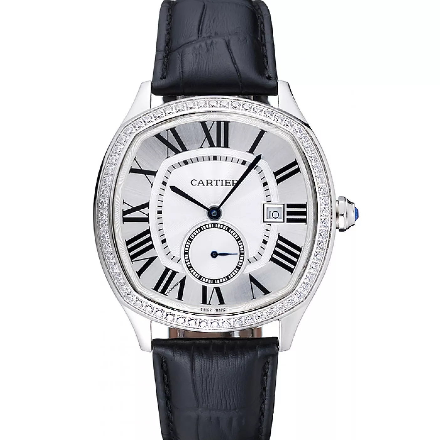 Cartier Drive De Cartier White Dial Silver Diamond Case Black Leather Bracelet 1454215 0123