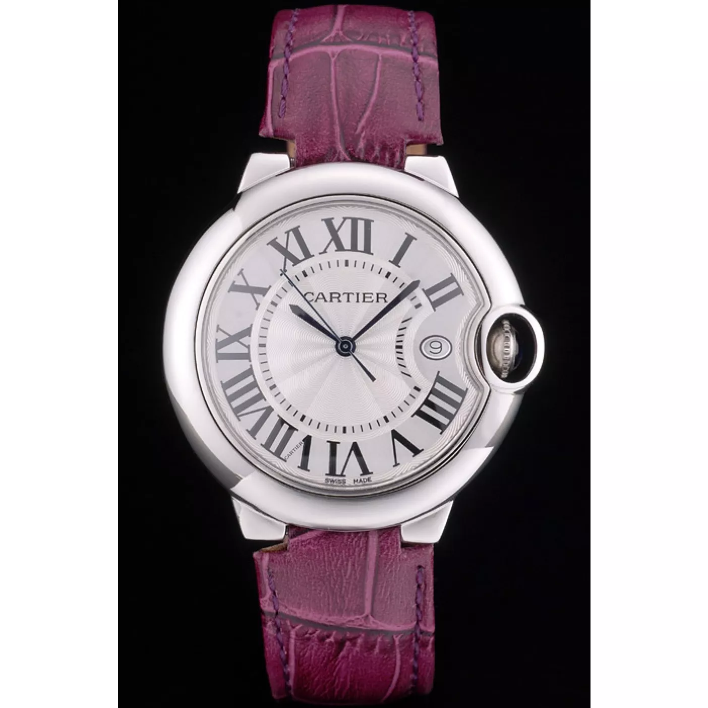 Aaa replica watch Cartier Ballon Bleu 38mm White Dial Stainless Steel Case Purple Leather Bracelet 0128