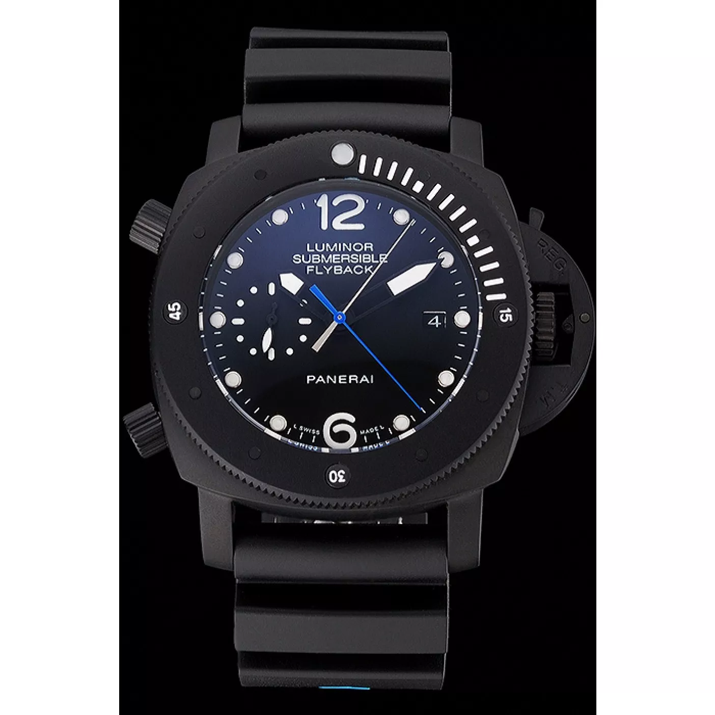 Aaa replica watch Panerai Luminor Submersible Flyback Date Black Dial Black Ionized Case Black Rubber Strap 0123