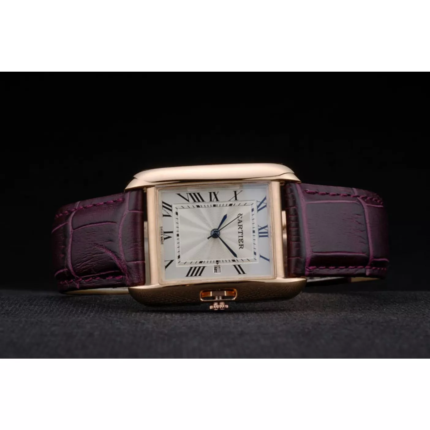 Aaa replica watch Cartier Tank Anglaise 30mm White Dial Gold Case Purple Leather Bracelet 0123