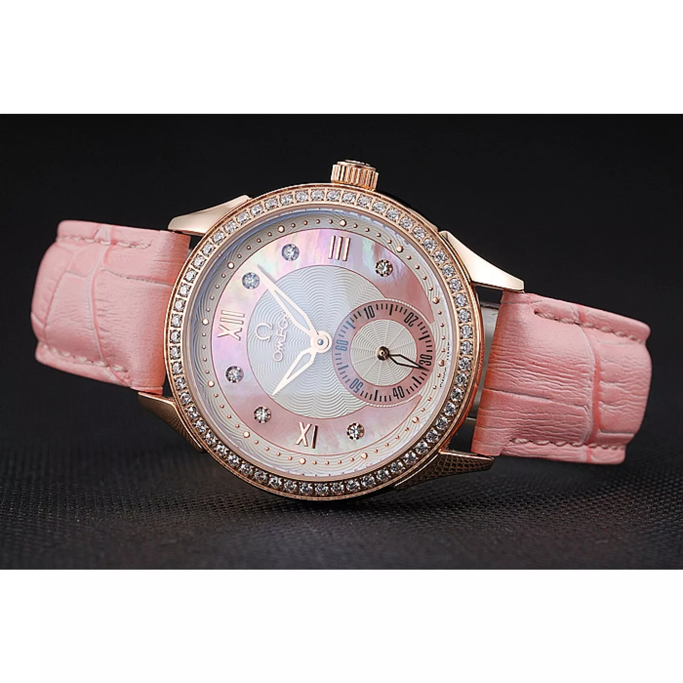 Aaa replica watch Omega DeVille Prestige Pink Dial Gold Diamond Case Pink Leather Bracelet 1454126 0129