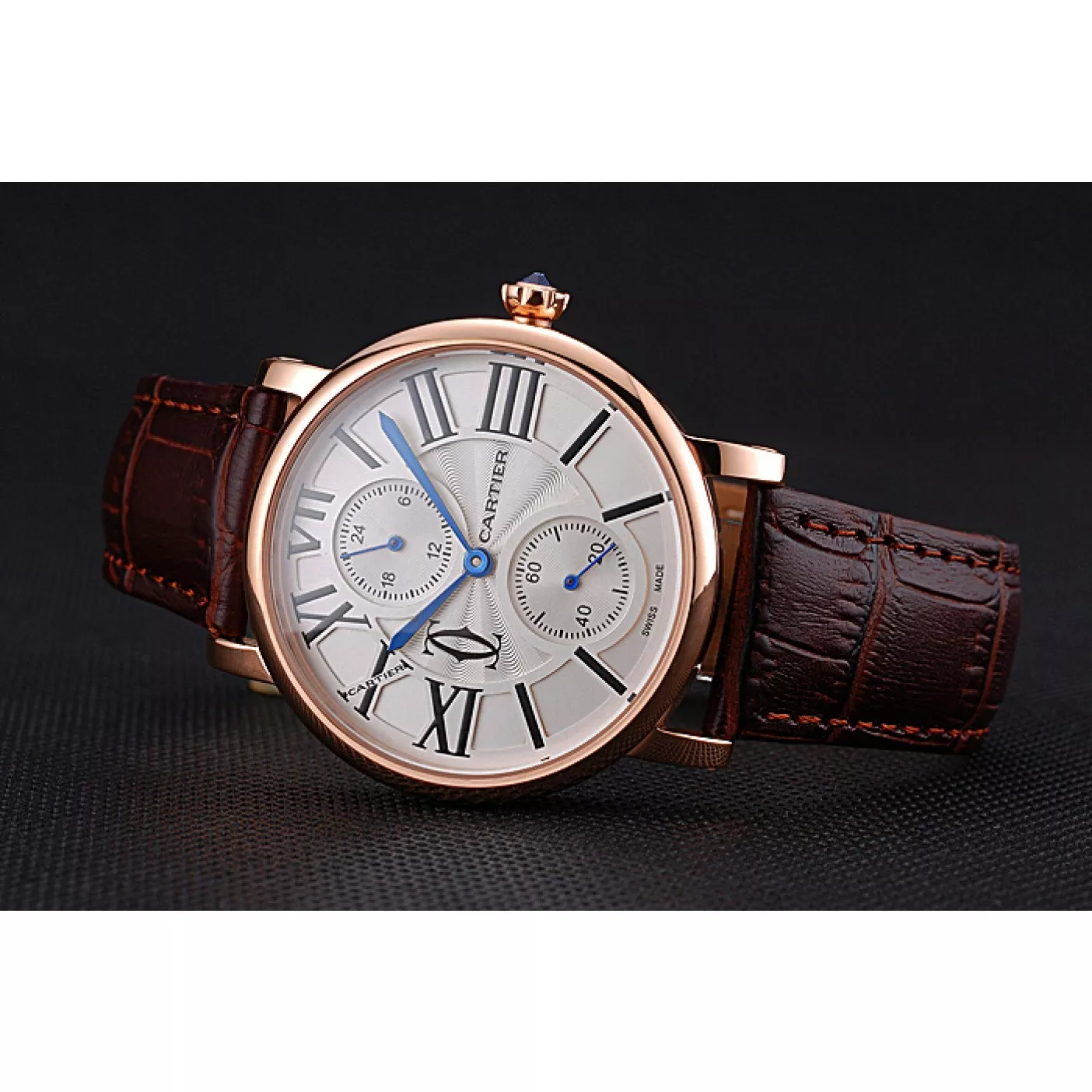 Aaa replica watch Cartier Ronde Second Time Zone White Dial Gold Case Brown Leather Strap 622801 0123