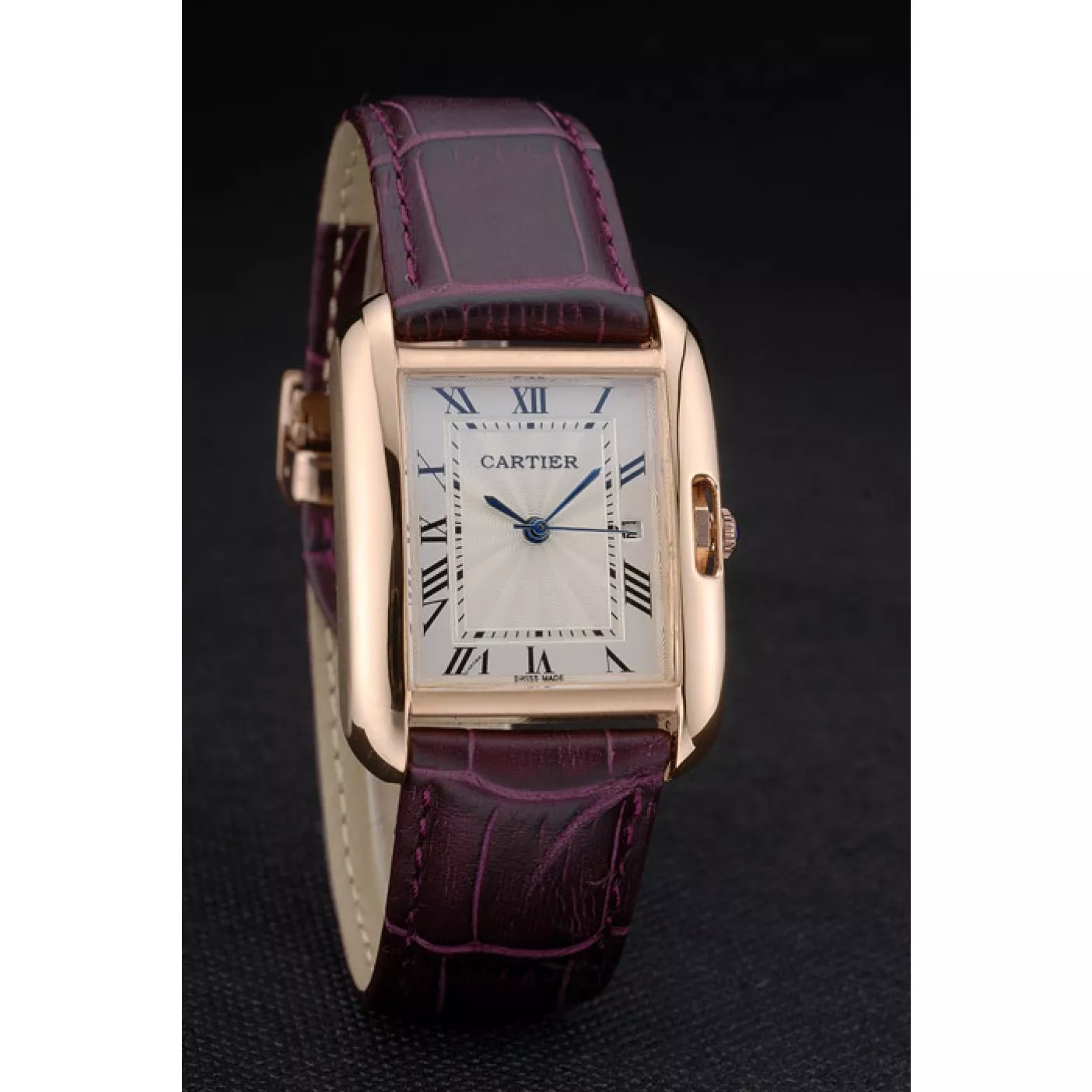 Aaa replica watch Cartier Tank Anglaise 30mm White Dial Gold Case Purple Leather Bracelet 0123