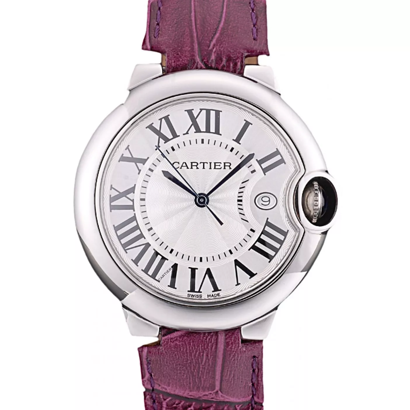 Cartier Ballon Bleu 38mm White Dial Stainless Steel Case Purple Leather Bracelet 0128