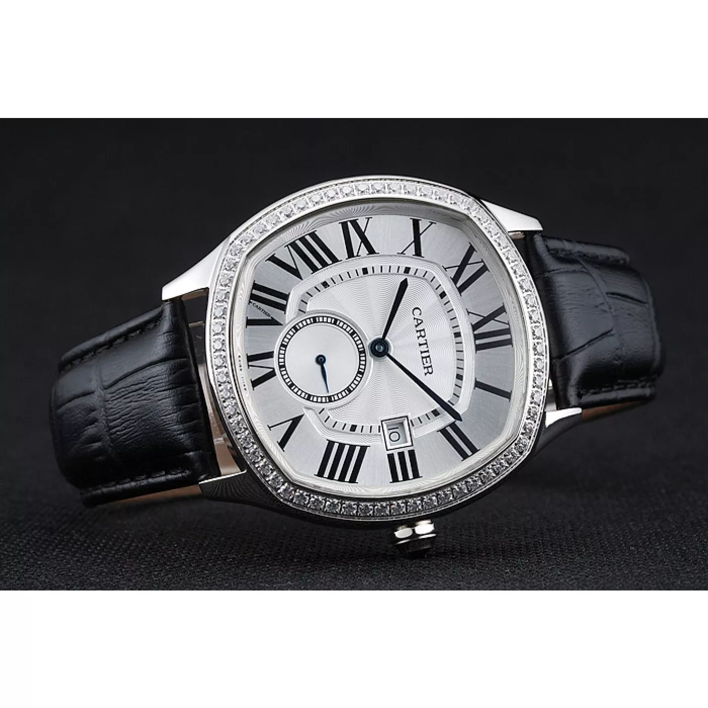 Aaa replica watch Cartier Drive De Cartier White Dial Silver Diamond Case Black Leather Bracelet 1454215 0123