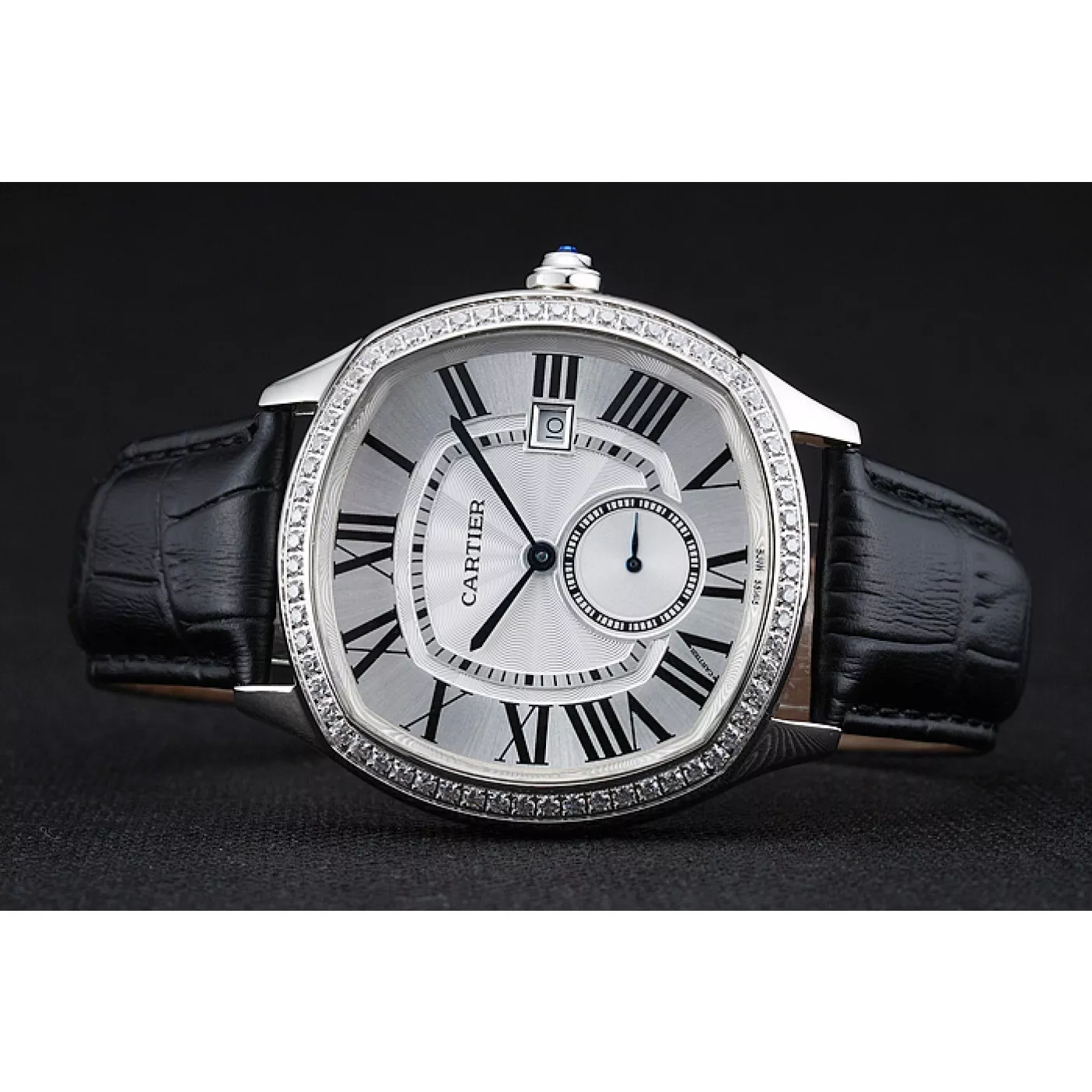 Aaa replica watch Cartier Drive De Cartier White Dial Silver Diamond Case Black Leather Bracelet 1454215 0123