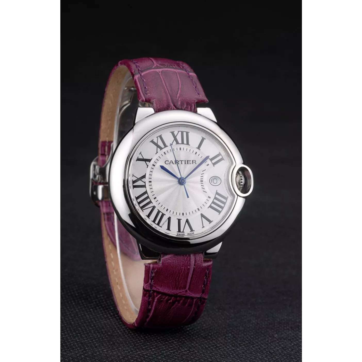 Aaa replica watch Cartier Ballon Bleu 38mm White Dial Stainless Steel Case Purple Leather Bracelet 0128