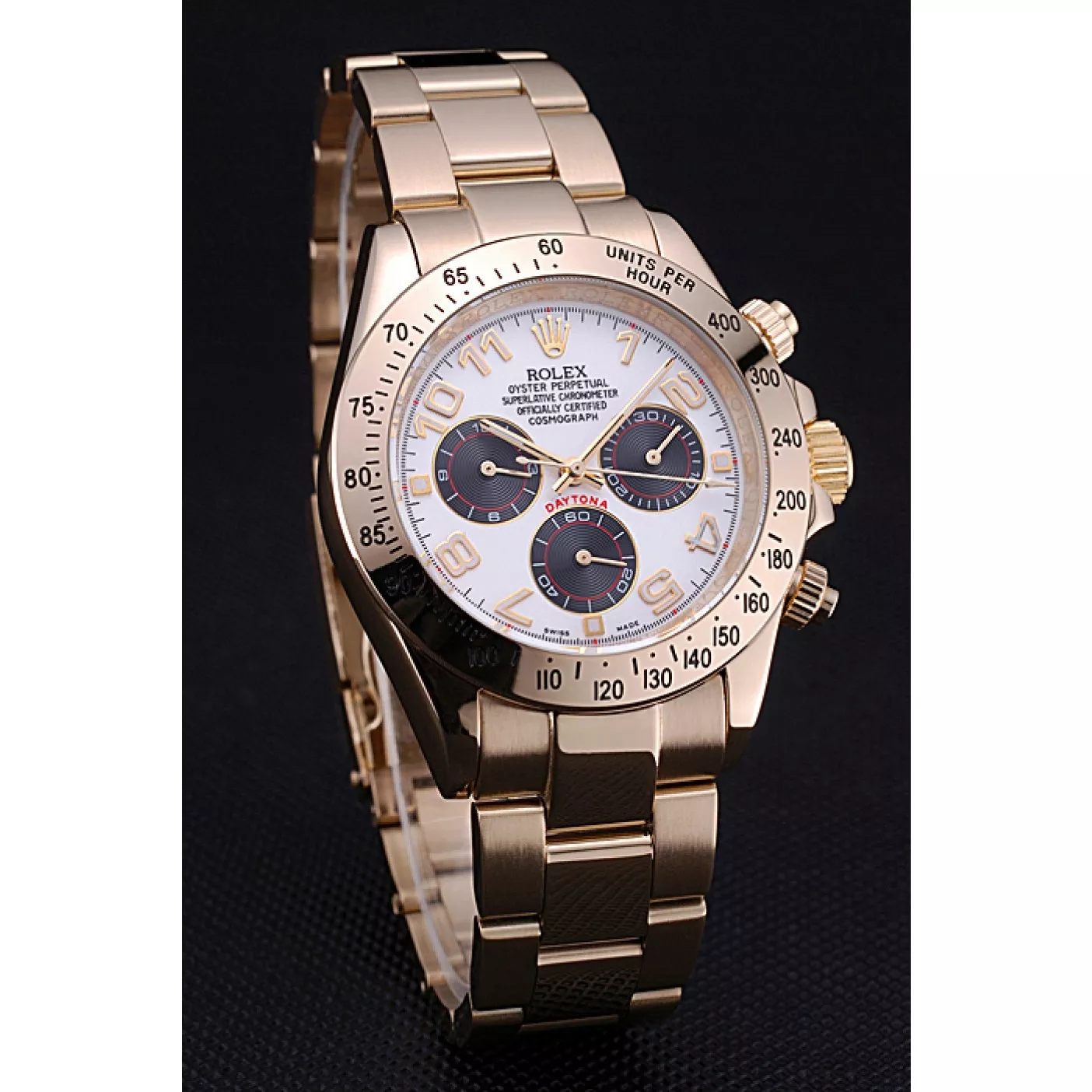 Aaa replica watch Rolex Cosmograph Daytona White with Black Subdials Gold Bracelet 622548 0130