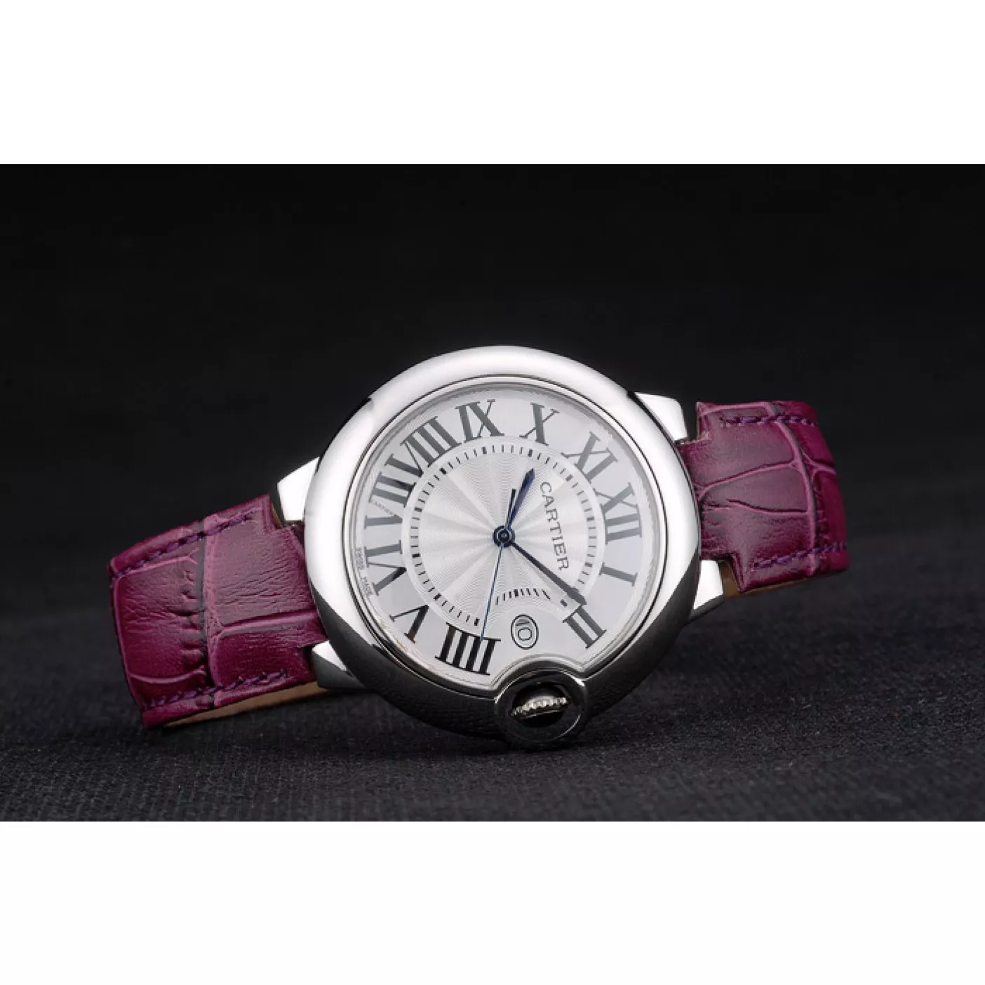 Aaa replica watch Cartier Ballon Bleu 38mm White Dial Stainless Steel Case Purple Leather Bracelet 0128