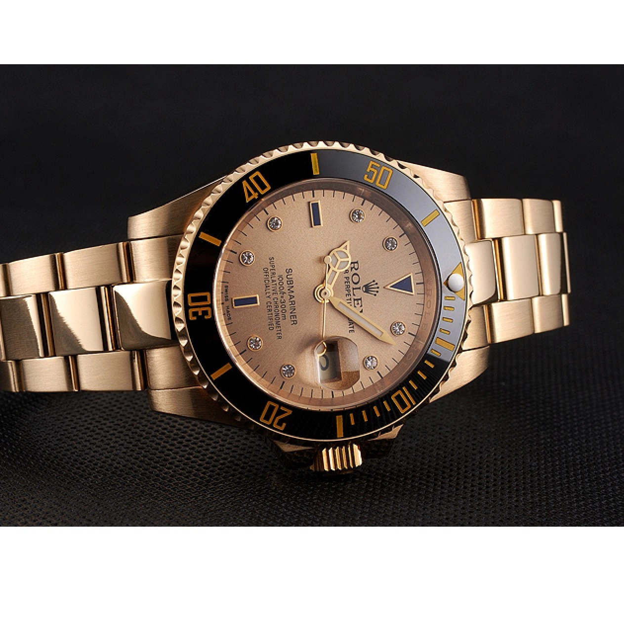 Aaa replica watch Bezel Rolex Markings Bracelet Submariner Case Gold Black Dial Swiss With Yellow And Gold Diamond 0214