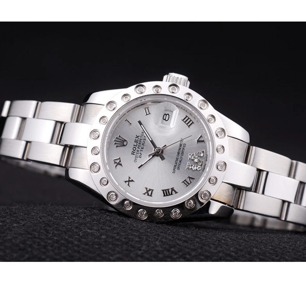 Aaa replica watch 7474 Diamonds Silver Bezel Silver Dial Polished Datejust Rolex 0221