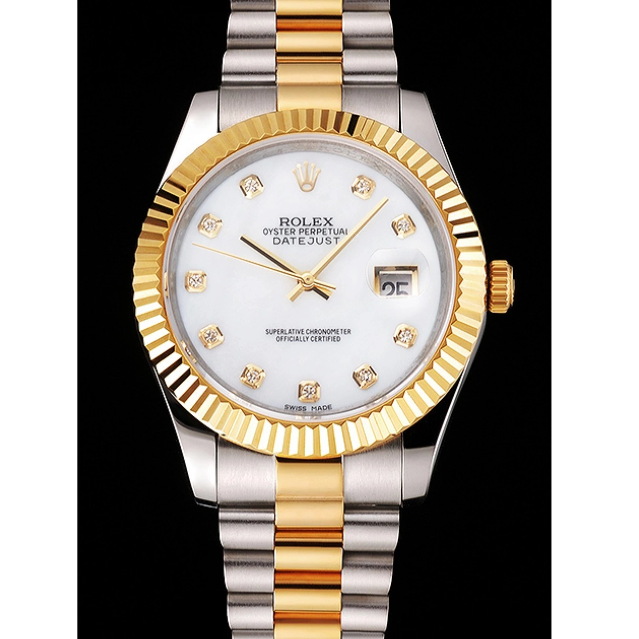 Aaa replica watch Tone Marks Swiss Rolex Dial Case Datejust Bezel Hour Gold Steel Diamond White Two Bracelet Stainless 0210