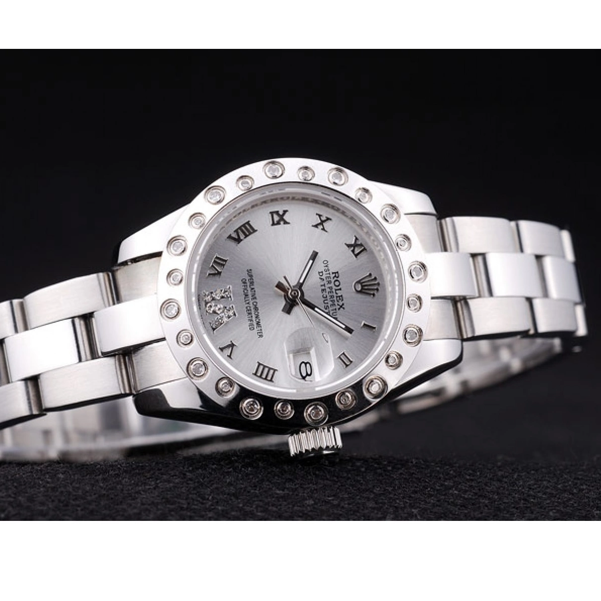 Aaa replica watch 7474 Diamonds Silver Bezel Silver Dial Polished Datejust Rolex 0221