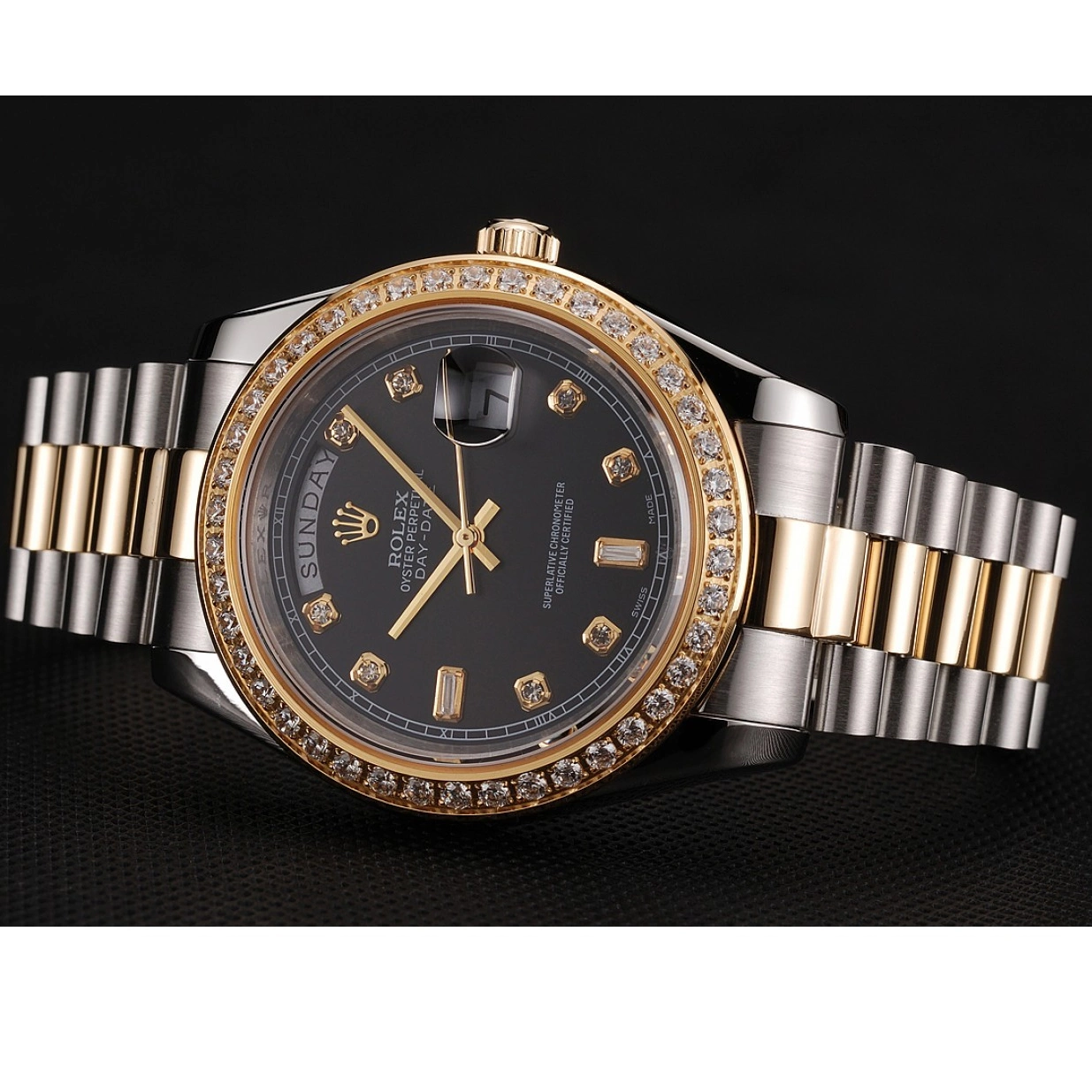 Aaa replica watch Two Gold 1453976 Case Swiss Steel Diamond Bracelet Rolex Black Stainless Tone Day-Date Dial 0226