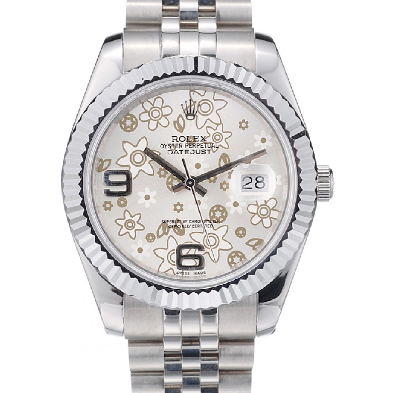 Aaa replica watch DateJust Stainless Flower Steel Ribbed Bezel Silver Rolex 41983 Dial 0210