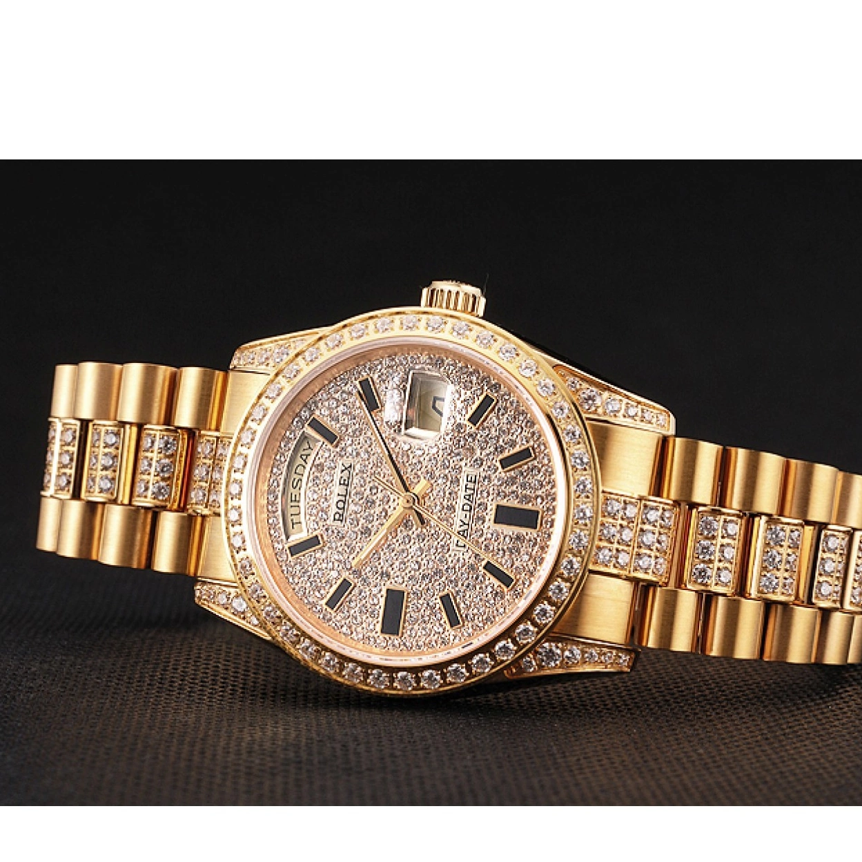 Aaa replica watch Rolex Diamond Gold Date Swiss Day Pave Yellow 0215