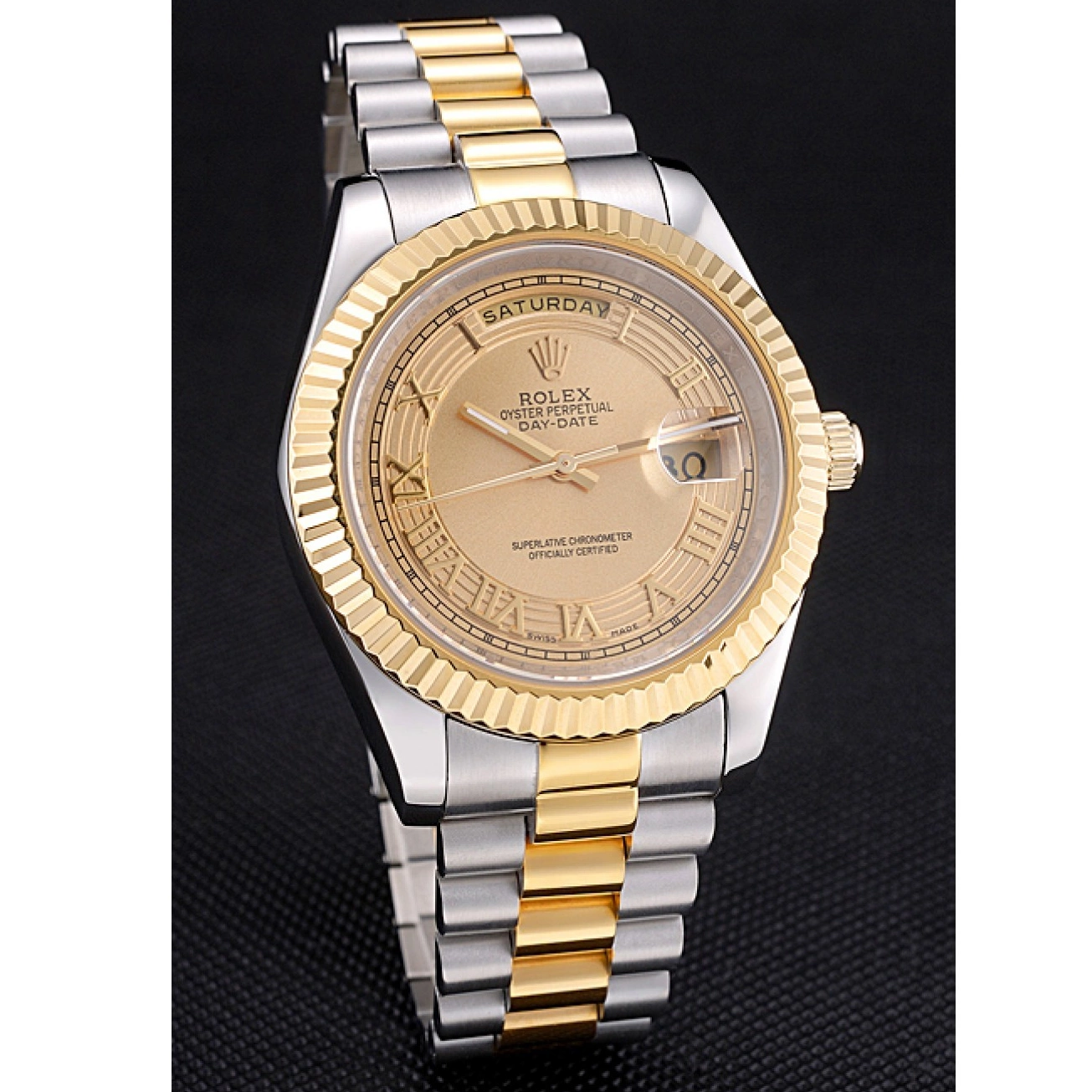 Aaa replica watch Two Plated Dial Day-Date Rolex Tone Gold 18k Gold Steel Stainless 0227