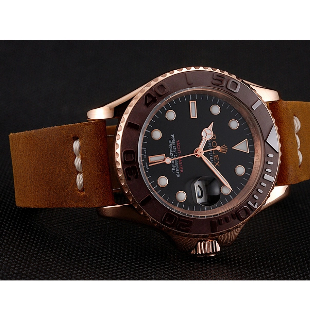 Aaa replica watch Case Rose Brown Leather 1453860 Bezel Rolex Black Gold Bracelet Master Dial Yacht Brown 0223