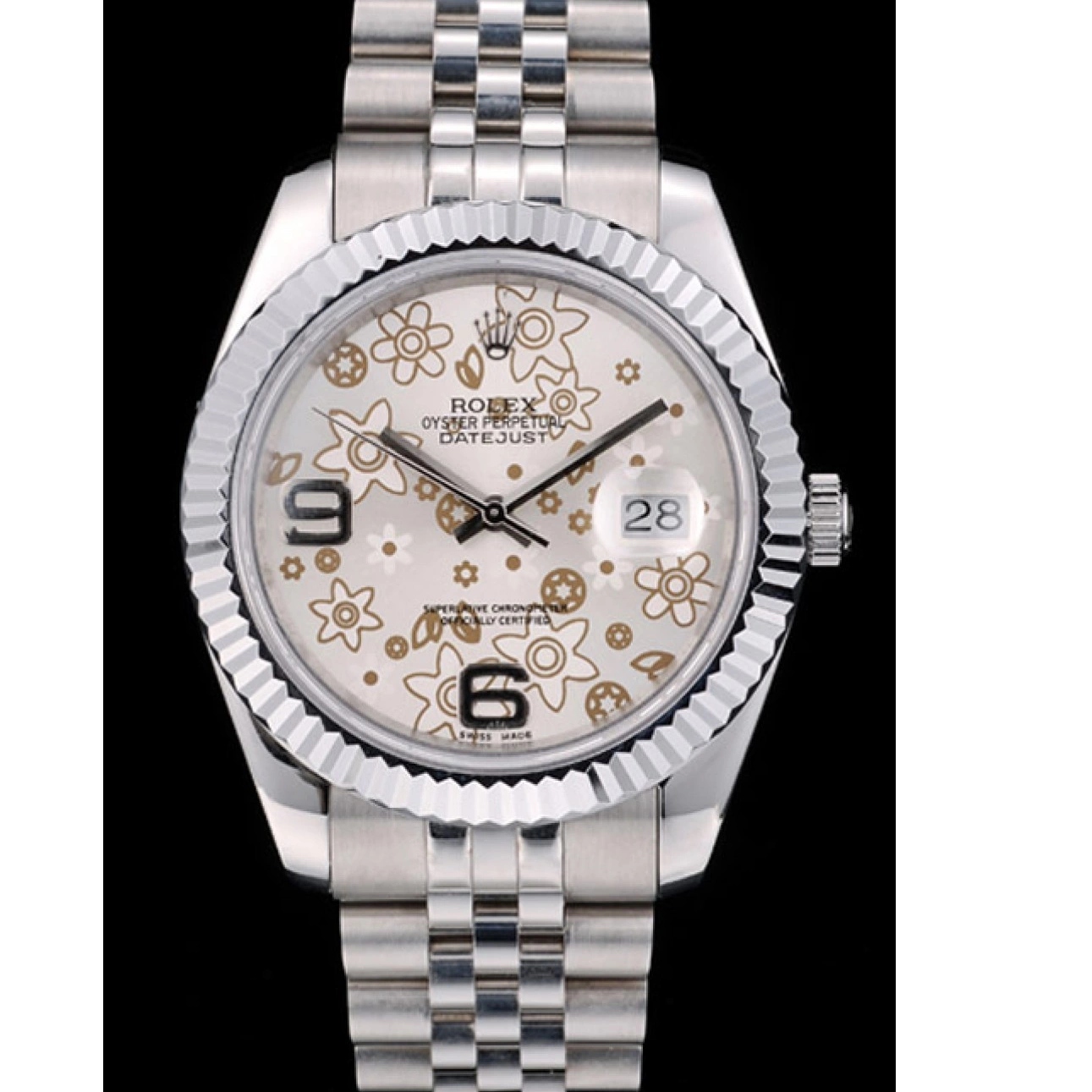 Aaa replica watch DateJust Steel Ribbed 42001 Stainless Dial Silver Flower Bezel Rolex Swiss 0210