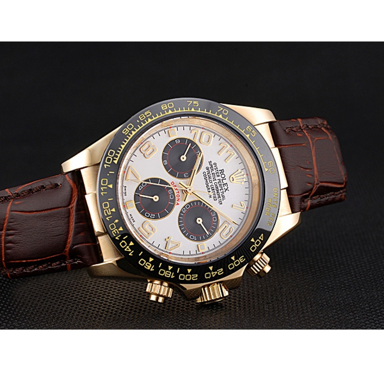 Aaa replica watch Cosmograph Daytona Rolex Gold Bracelet Subdials Brown 622634 Leather Case Black 0213