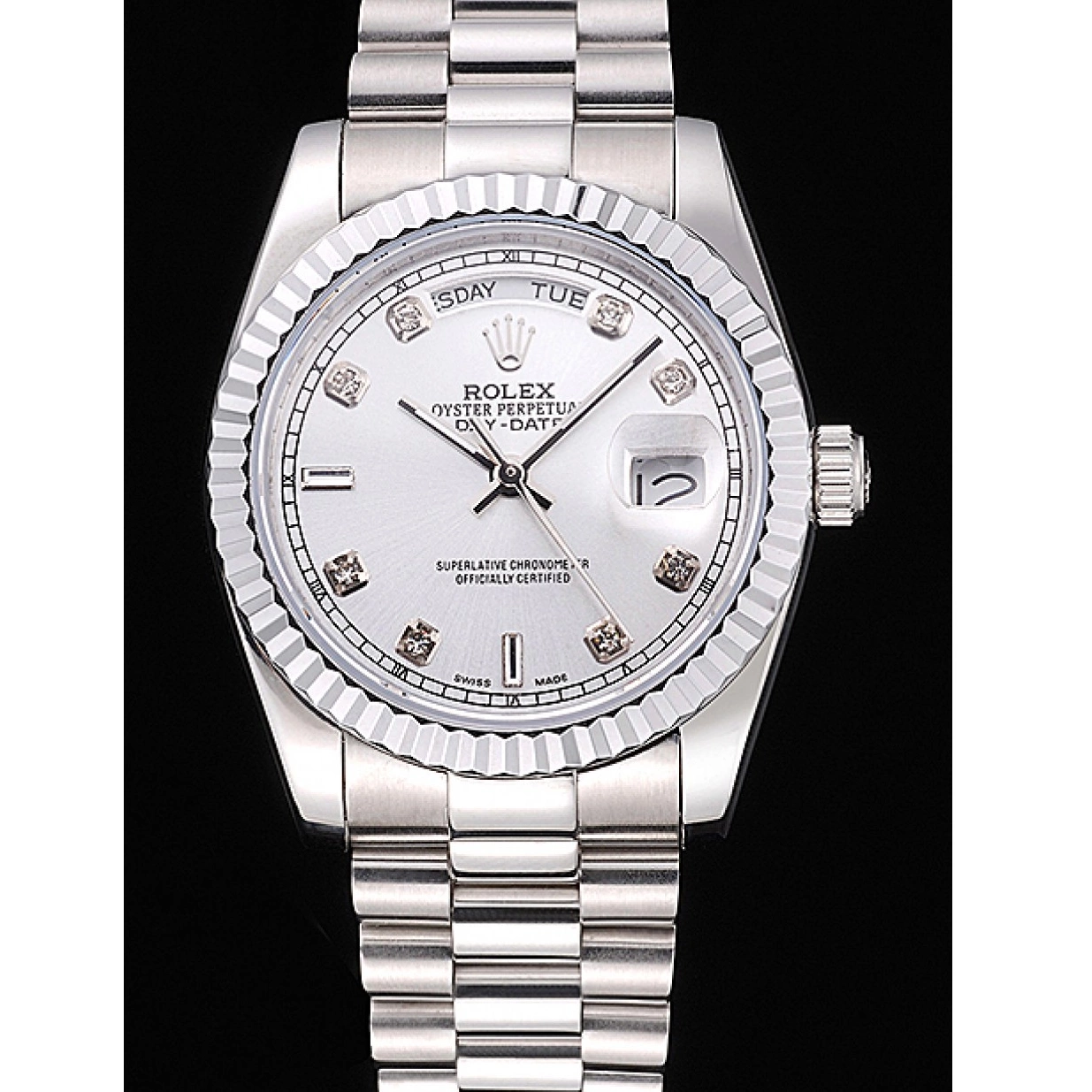 Aaa replica watch Stainless Rolex Polished Day-Date Dial Silver Steel 0224