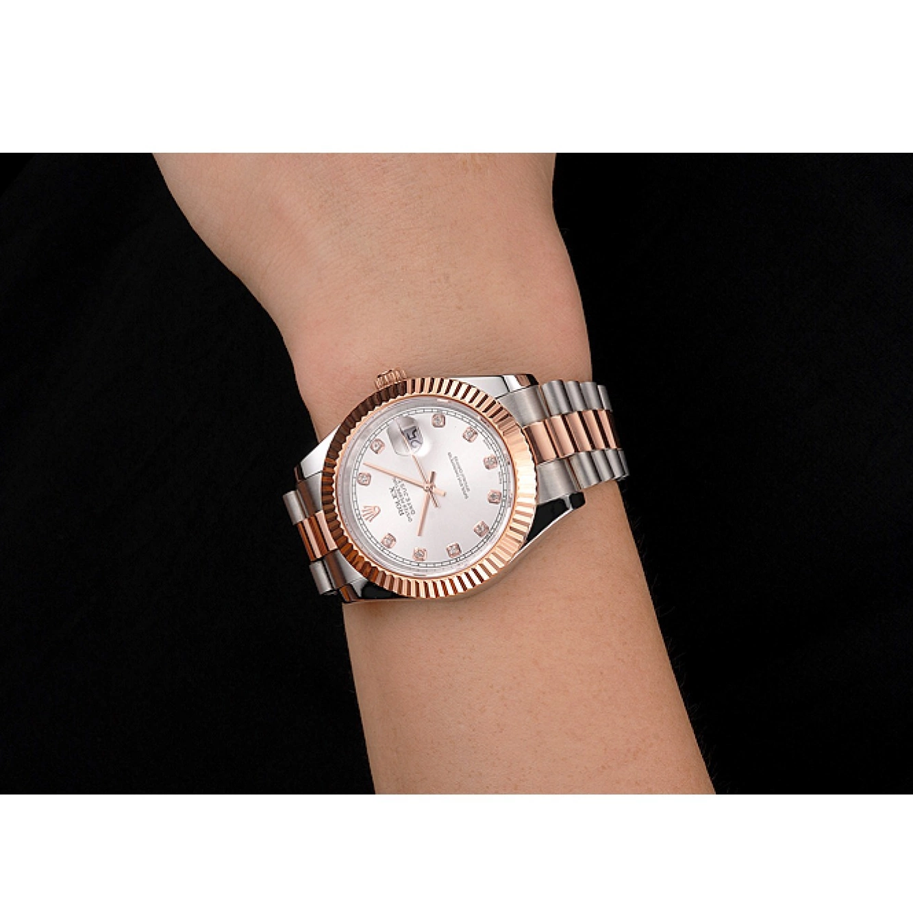 Aaa replica watch White Swiss Dial Bracelet Bezel Case Two Datejust Stainless Gold Tone Rose Rolex Steel 0217