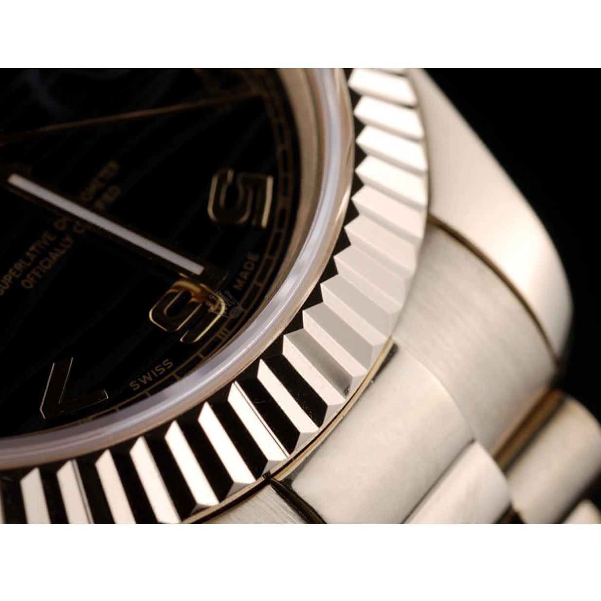 Aaa replica watch 41998 Swiss Stainless Gold Black Dial Rolex Steel DayDate Bezel Ribbed 0210