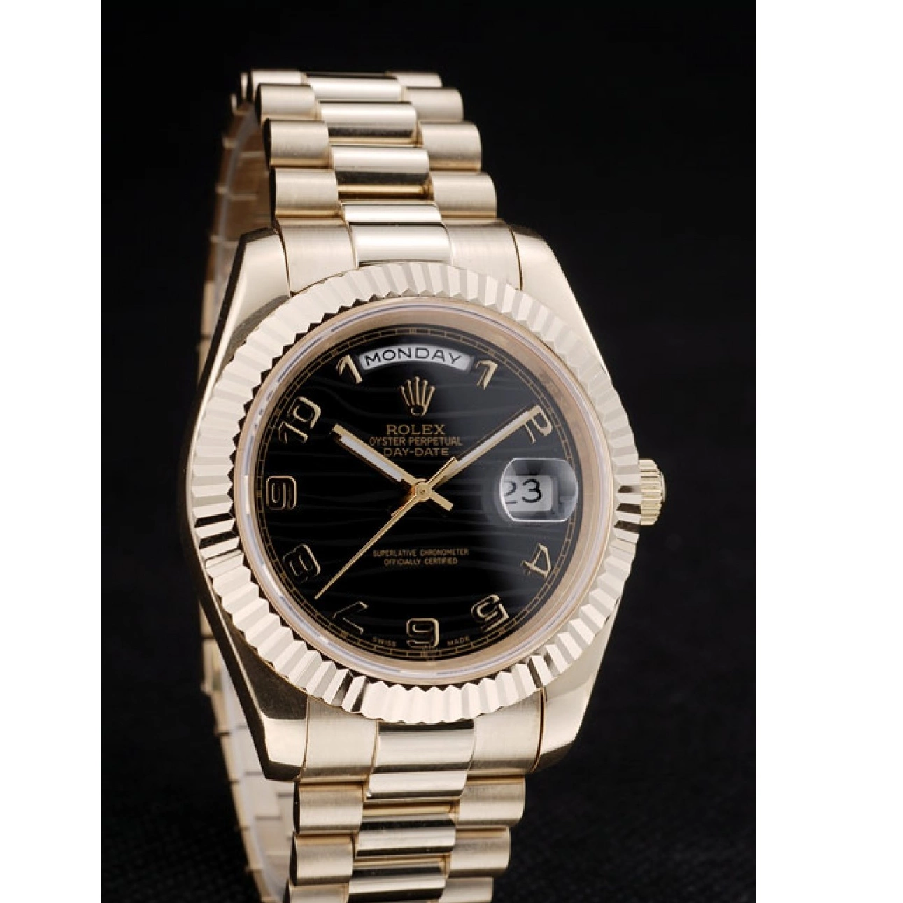 Aaa replica watch 41998 Swiss Stainless Gold Black Dial Rolex Steel DayDate Bezel Ribbed 0210