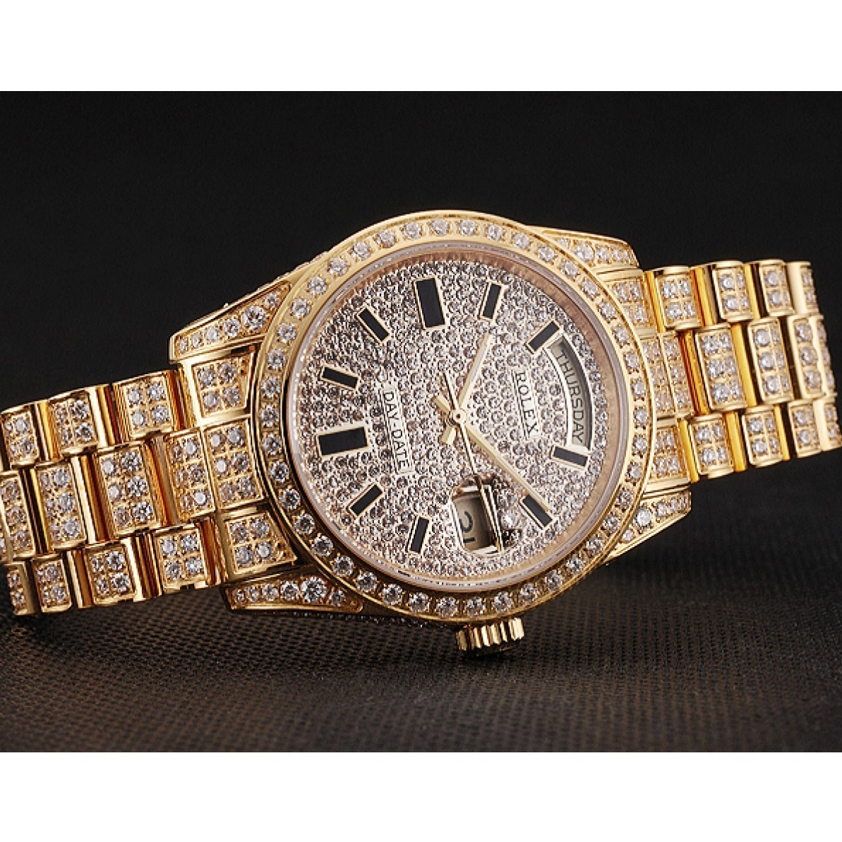 Aaa replica watch Yellow Pave Swiss Day Diamond Rolex Full Date Gold 0225