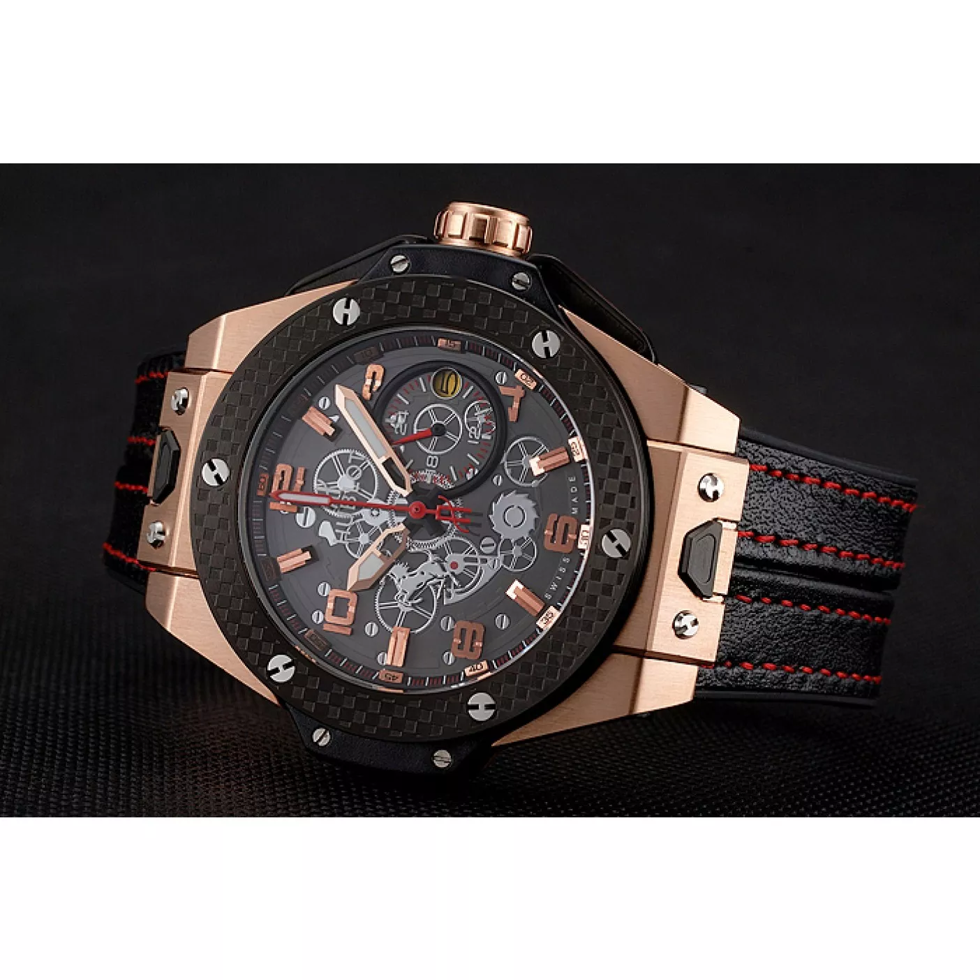 Aaa replica watch Hublot Big Bang Ferrari Silver Dial Carbon Bezel Gold Case Black Leather Strap 622769 0205