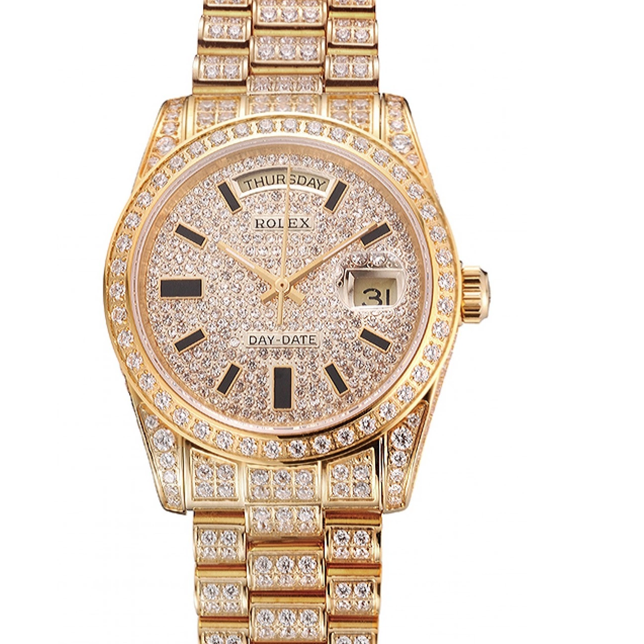 Aaa replica watch Yellow Pave Swiss Day Diamond Rolex Full Date Gold 0225