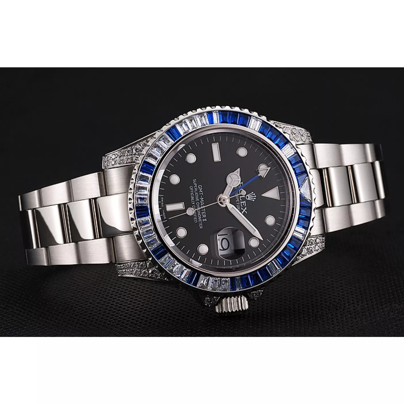 Aaa replica watch Swiss Rolex GMT Master II Black Dial Stone Set Bezel Stainless Steel Case And Bracelet 1453747 0201