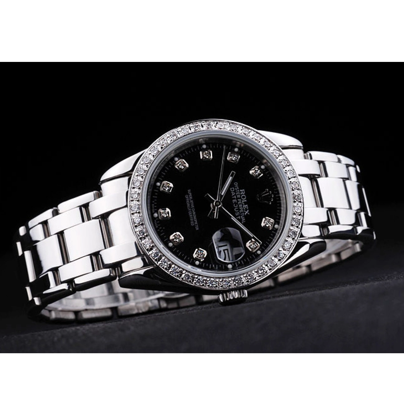 Aaa replica watch Rolex Bezel Stainless Steel DateJust Bracelet Diamond Dial Black 0227