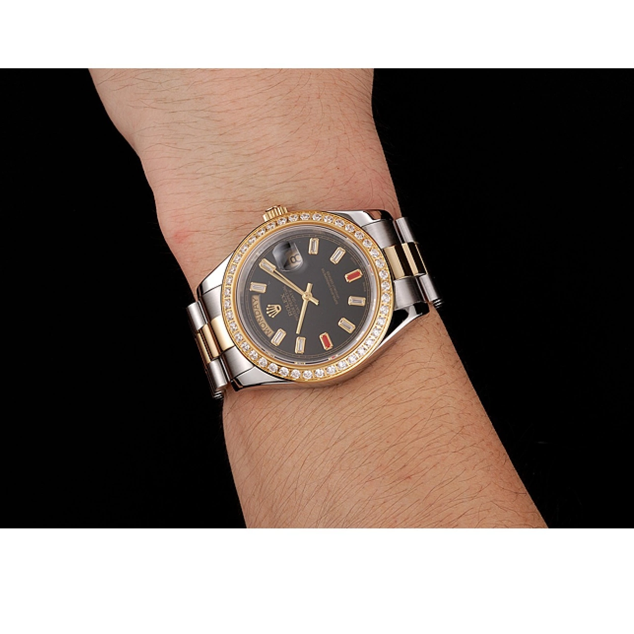 Aaa replica watch Tone Black Day-Date Rolex Two Swiss 1454105 Bracelet Rubies Diamonds Dial And 0211